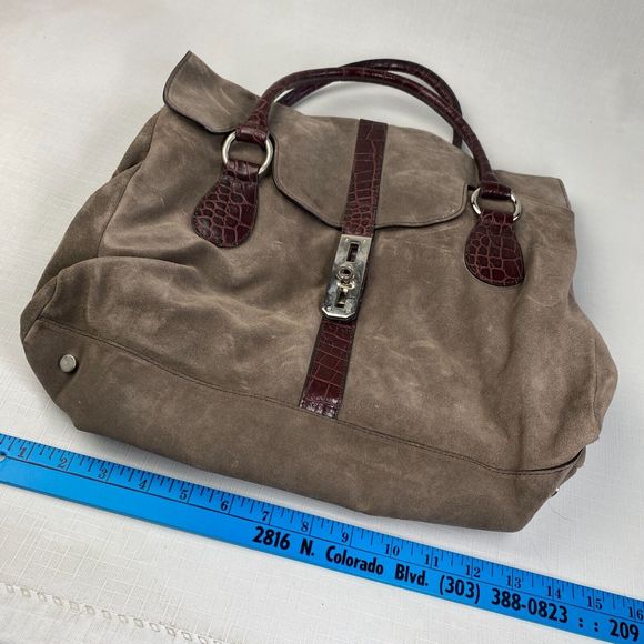 NIQUEA.D Gray SUEDE HOBO BAG! Large Brown Alligator Leather Purse MADE in ITALY - Picture 5 of 16